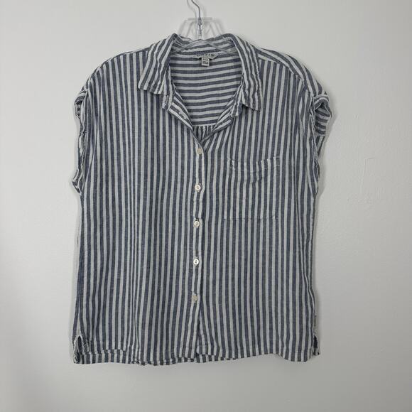 Orvis Womens S Boxy Blue White Stripe Short Sleeve Linen Blend Button Down - Picture 1 of 4